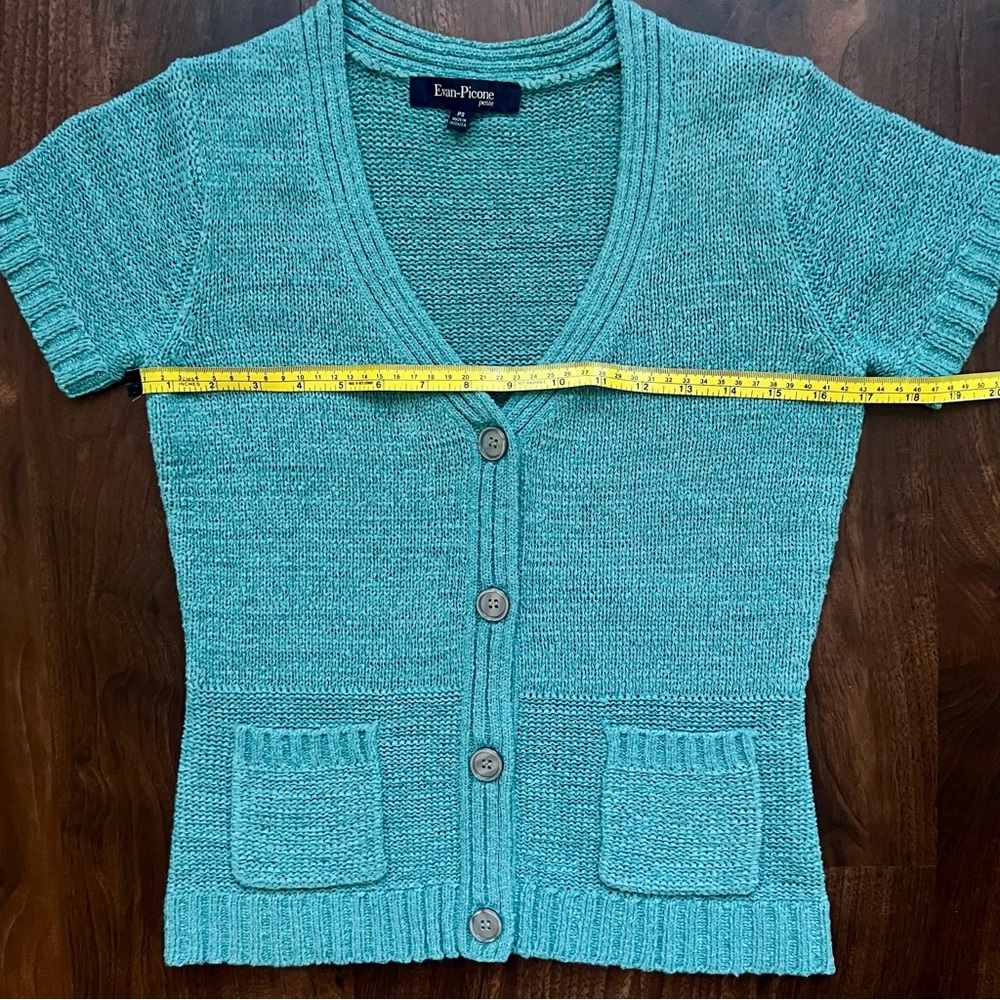 Evan Picone Fitted Cardigan Short Sleeve Sweater Top Teal Blouse Petite Small - Picture 3 of 6